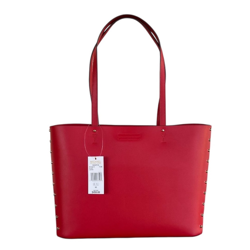 Michael Kors Manhattan Large Shoulder Smooth Leather Tote Bag Red - Picture 2 of 8
